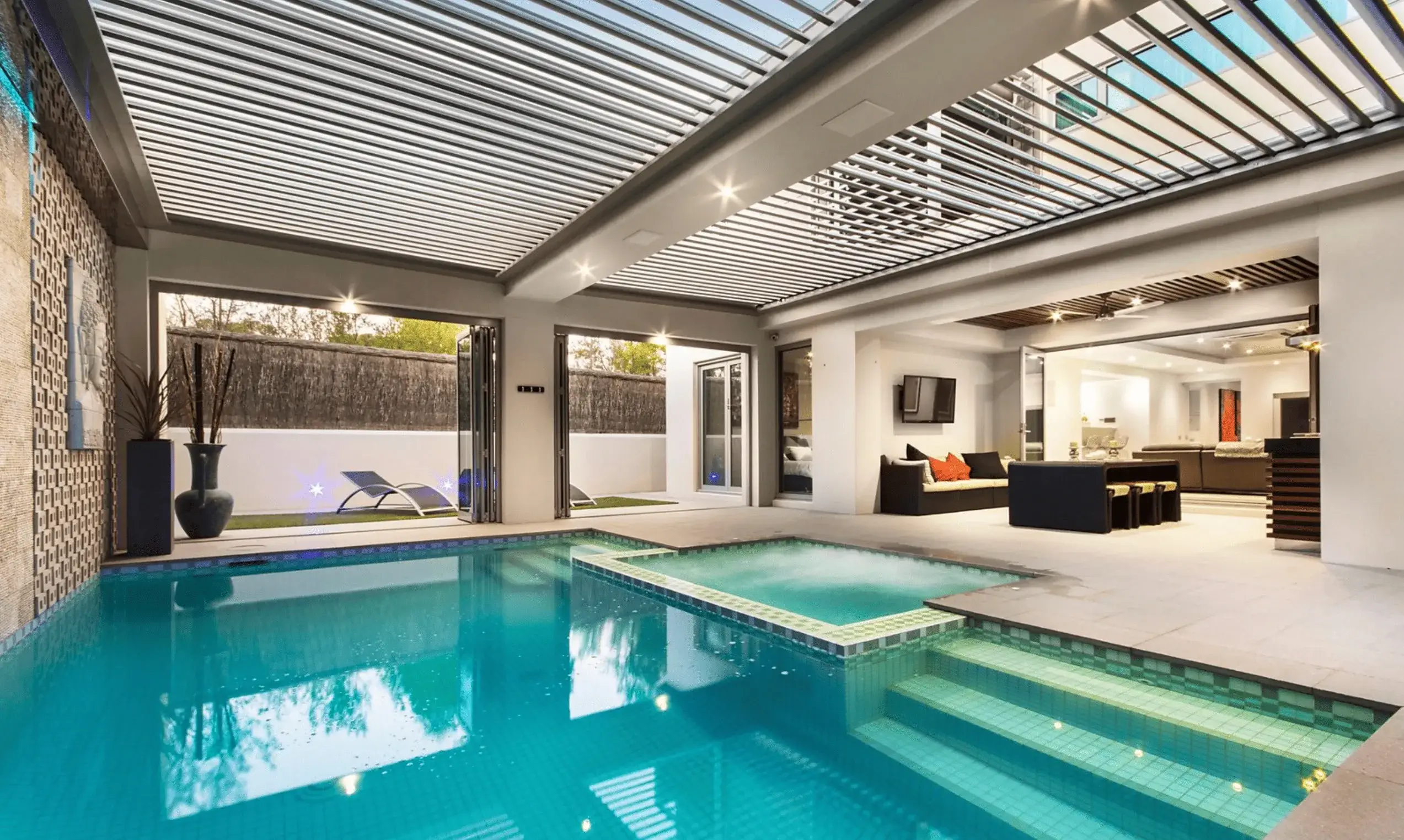 Luxury louvred pergola over pool area