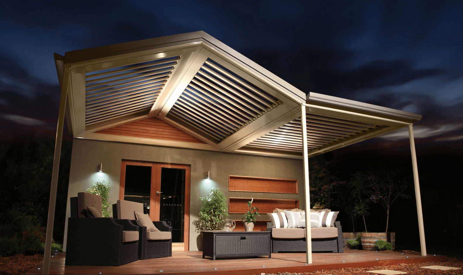 Opening roof pergola with deck and seating Malvern